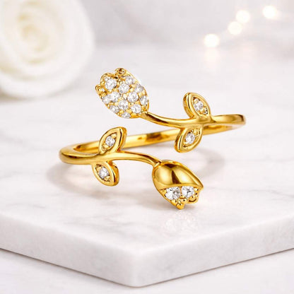 tulip ring flower ring open ring wrap ring adjustable ring floral ring leaf ring vine ring nature ring botanical ring crystal ring gold ring women ring cute ring dainty ring elegant ring statement ring fashion ring