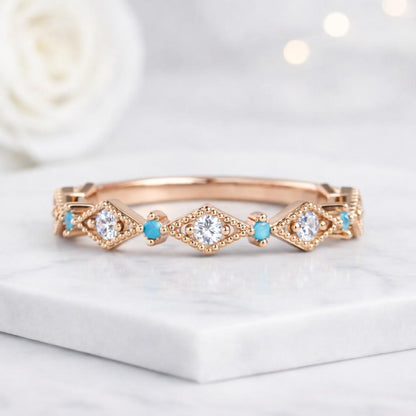 turquoise ring round cut ring diamond band stacking ring thin band ring geometric ring milgrain ring dainty ring