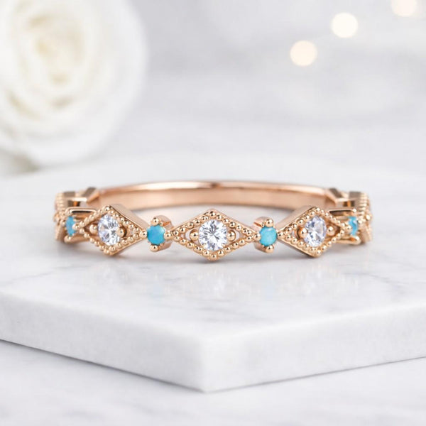 turquoise ring round cut ring diamond band stacking ring thin band ring geometric ring milgrain ring dainty ring