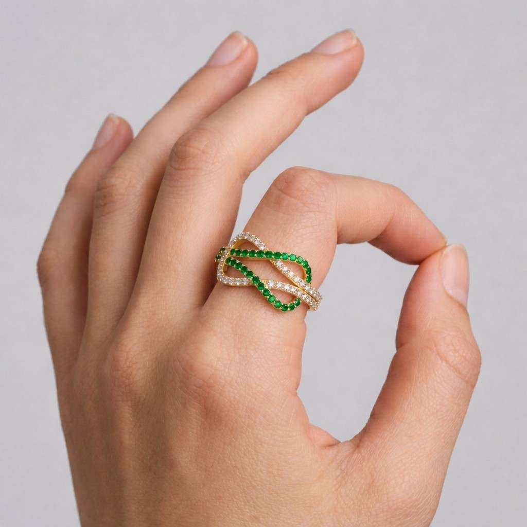 unique ring infinity jewelry green jewelry sparkle ring band ring curved ring modern ring stylish ring eye catching ring double row ring loop ring infinity design handcrafted ring gift ring fine jewelry trendy ring stackable ring