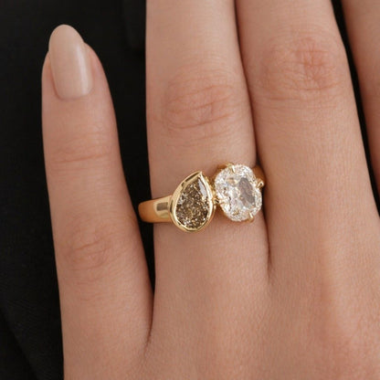 Elongated Old Mine Cushion and Champagne Pear Lab Grown Diamond Ring Order For Addy