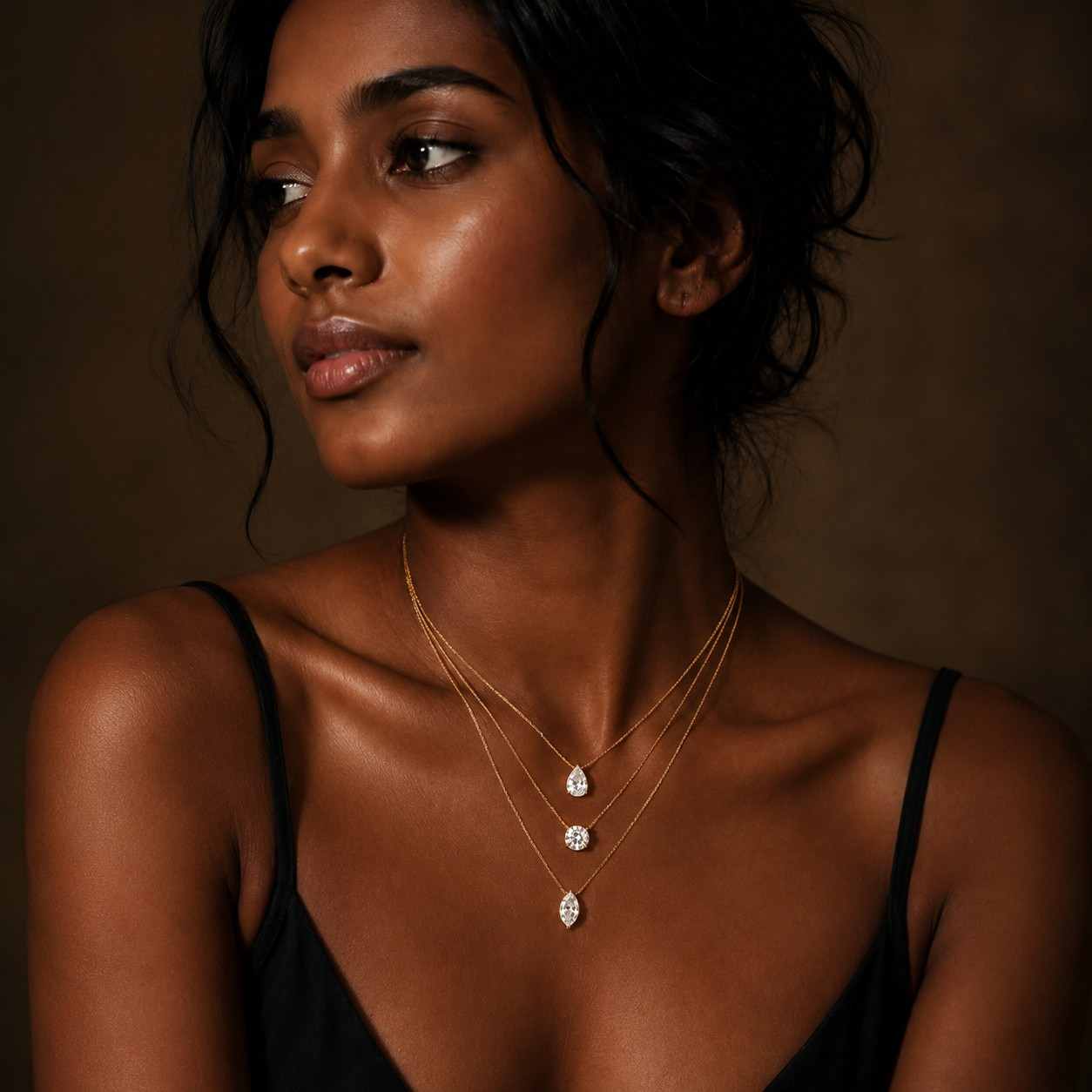 lab grown diamond gold necklace, pear round & marquise pendant necklace
